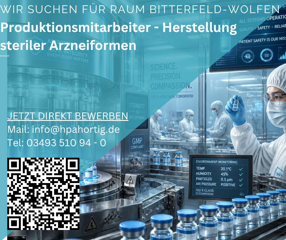 Produktionsmitarbeiter Pharmazie Reinraum (m/w/d) - Bitterfeld- Wolfen 